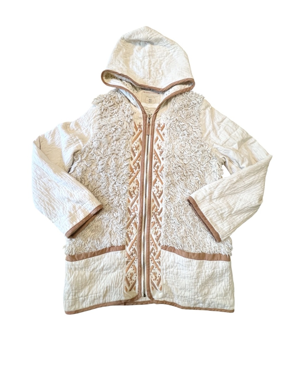 Anthropologie Hei Hei Cream Boho Embroidered Hooded Zip-Front Jacket M